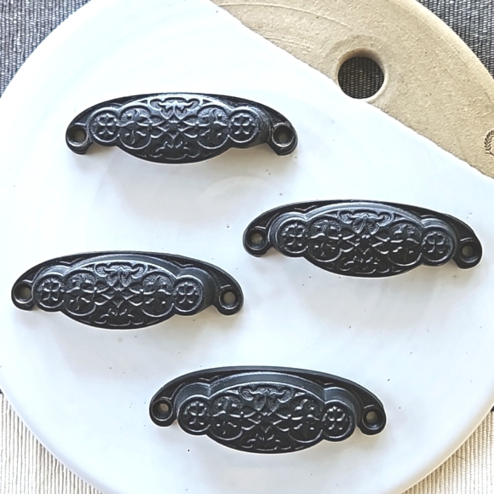 Antique Cast Iron Scroll Design Cabinet Drawer Pulls - Set of 4